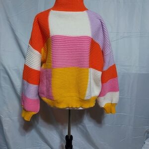 SHEIN Colorblock Turtleneck Sweater - Orange, Pink, Purple, White, Yellow